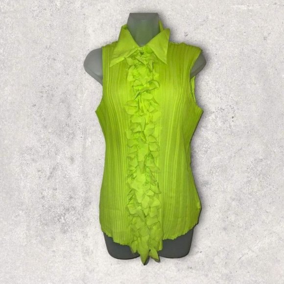 Dress U II by Sharon Blouse Flutter Button Front Accordion Pleat Neon Green 1X - Picture 3 of 5